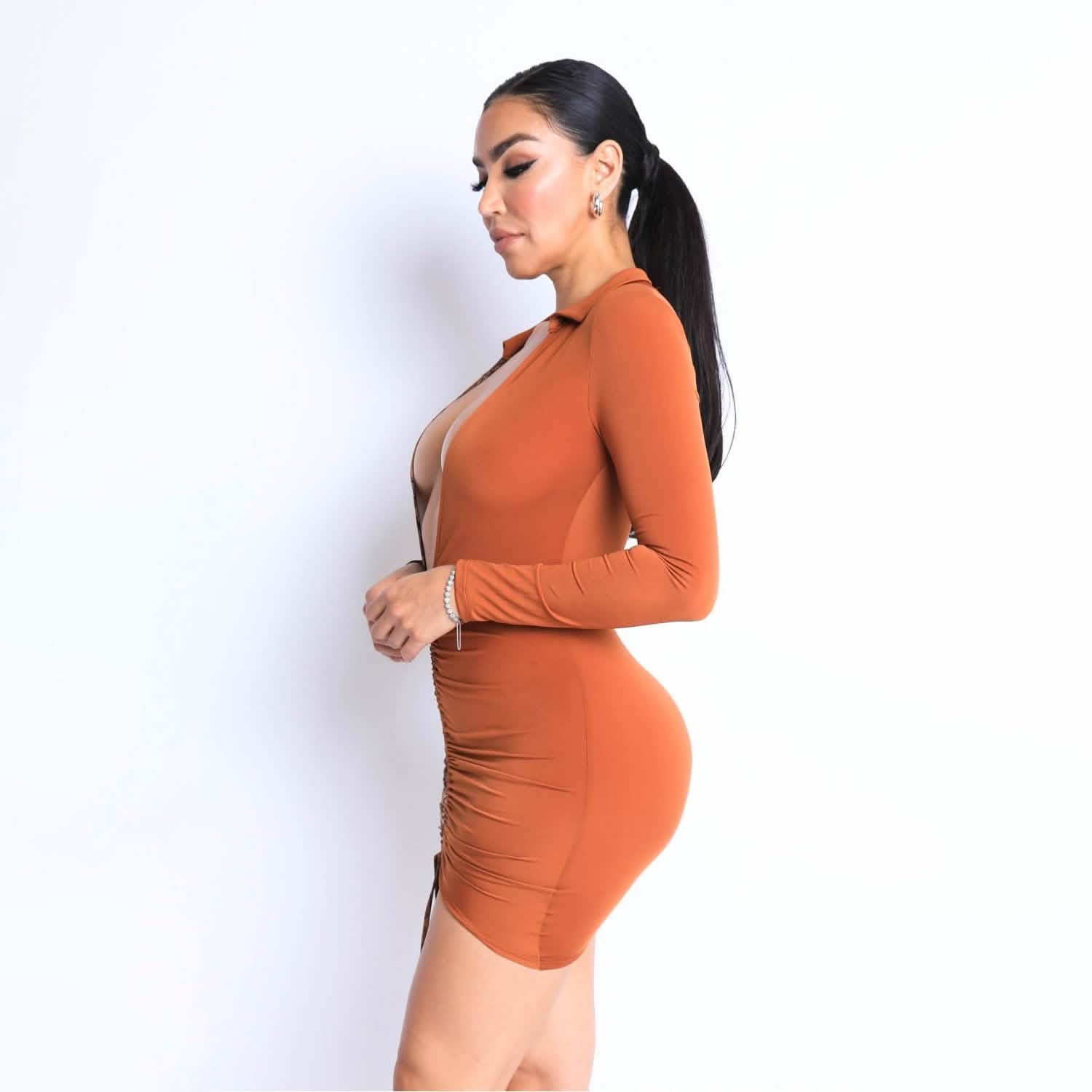 Print Blocked Ruched Front Deep V Dress Women's Dresses - DailySale