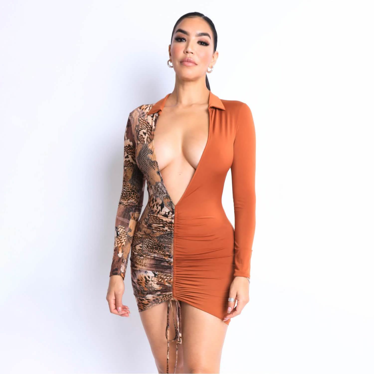 Print Blocked Ruched Front Deep V Dress Women's Dresses S - DailySale