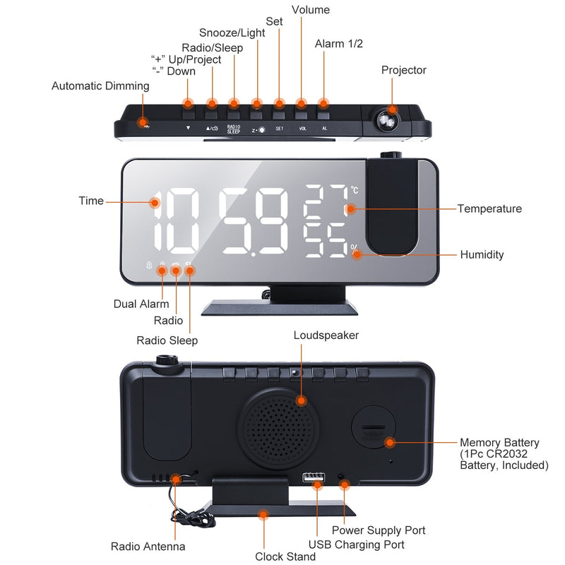 Projection Alarm Clock with Radio Function Household Appliances - DailySale