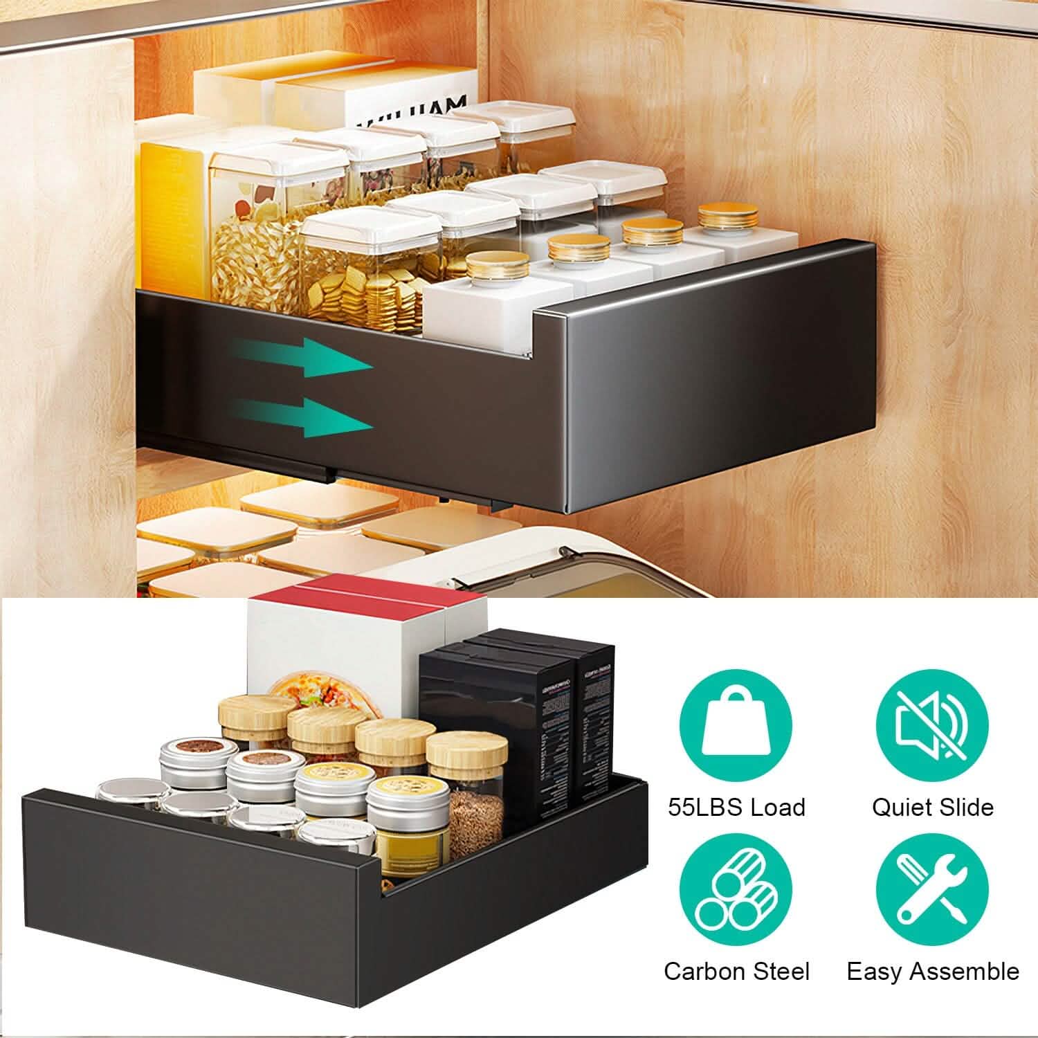 Pull Out Cabinet Organizer Carbon Steel Quiet Slide Rails Kitchen Storage - DailySale