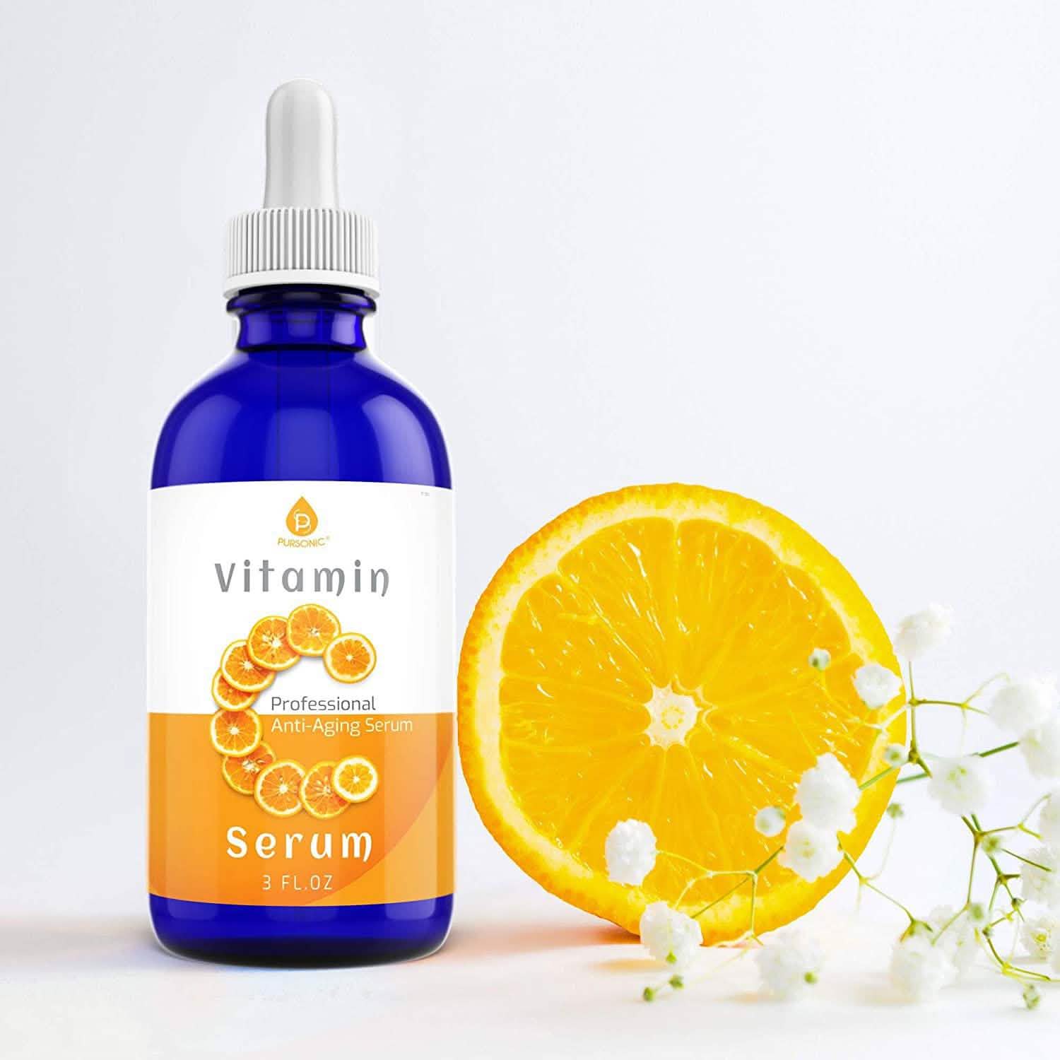 Pursonic Vitamin C Best Organic Anti-Aging Moisturizer Serum placed next to an orange slice