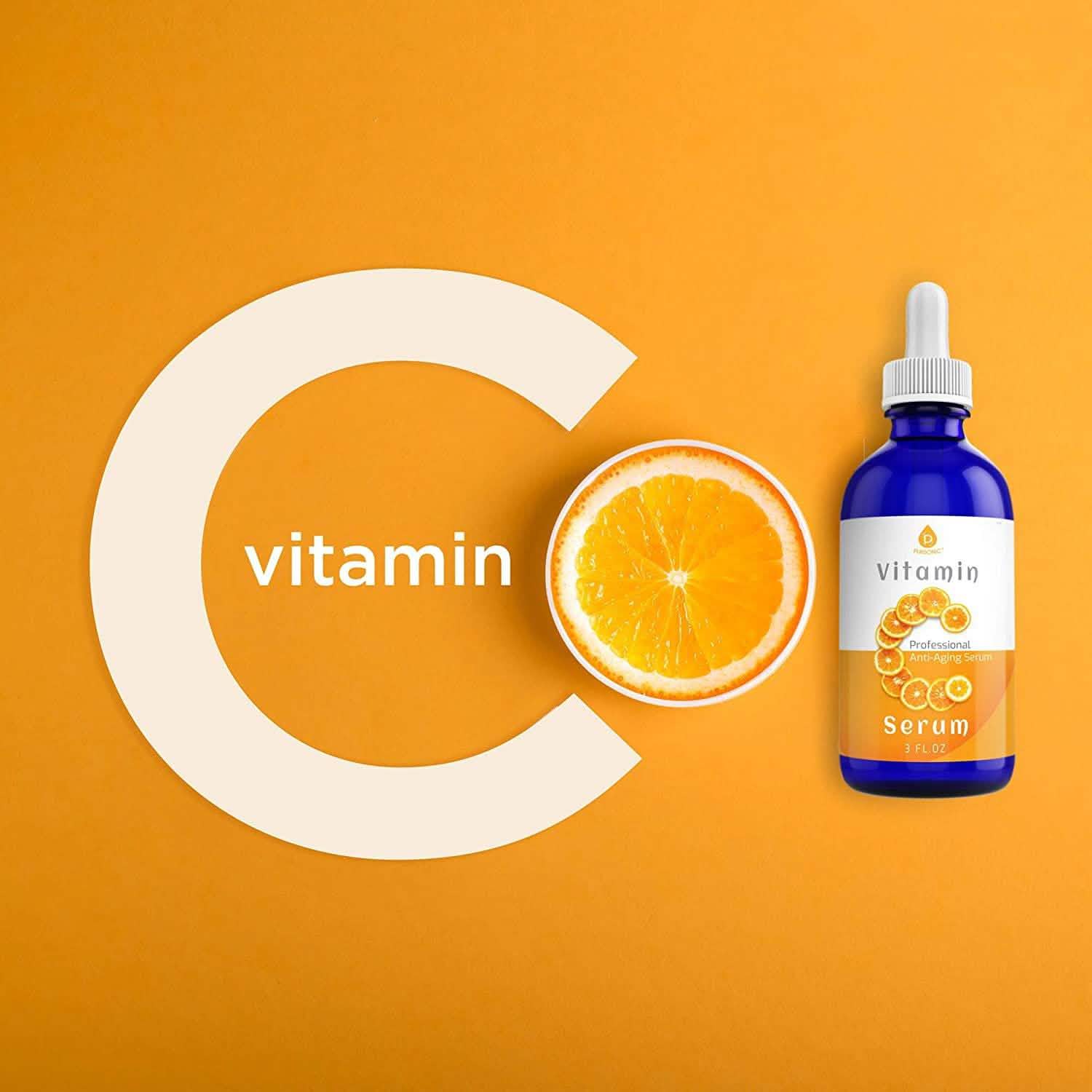 Pursonic Vitamin C Best Organic Anti-Aging Moisturizer Serum placed over a sign that reads "Vitamin C"