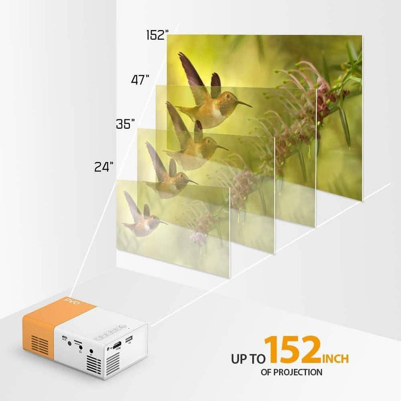 Examples of PVO Portable Projector projection sizes (24", 35", 47", 152")