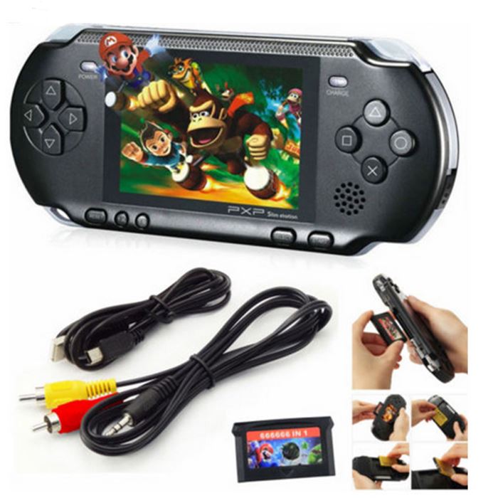 3/4 view of a black PXP3 Portable Handheld Video Game System with 150+ Games, including all accesory cables