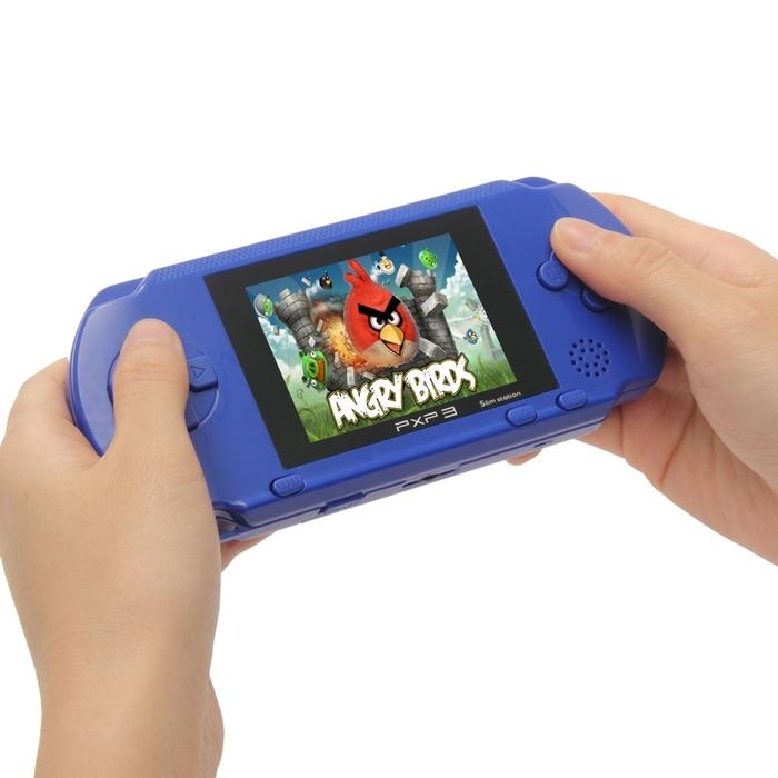Closeup of two hands holding a PXP3 Portable Handheld Video Game System in blue