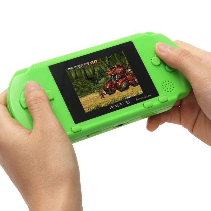 Closeup of two hands holding a PXP3 Portable Handheld Video Game System in green