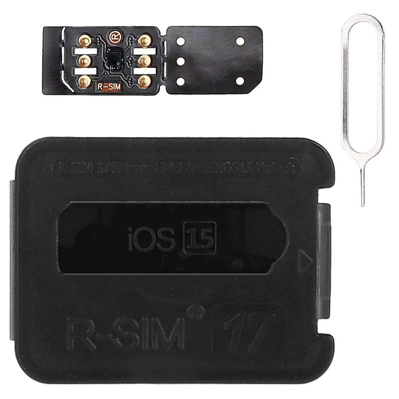 R-SIM17 Nano Unlock RSIM Card shown with all accessories laid out
