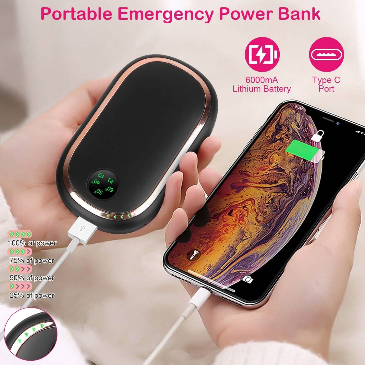 Rechargeable Hand Heater Pocket Warmer Power Bank with Digital Display Mobile Accessories - DailySale