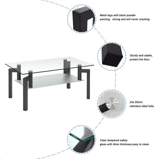 Rectangular Tempered Metal Tube Leg Living Room Glass Coffee Table Furniture & Decor - DailySale