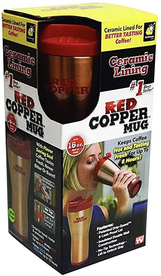 Retail box of Red Copper Travel Mug with Ceramic Lining