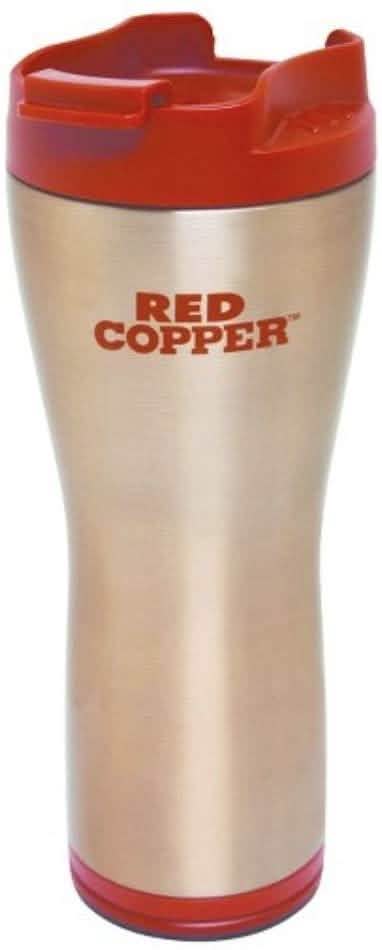 Closeup of Red Copper Travel Mug with Ceramic Lining