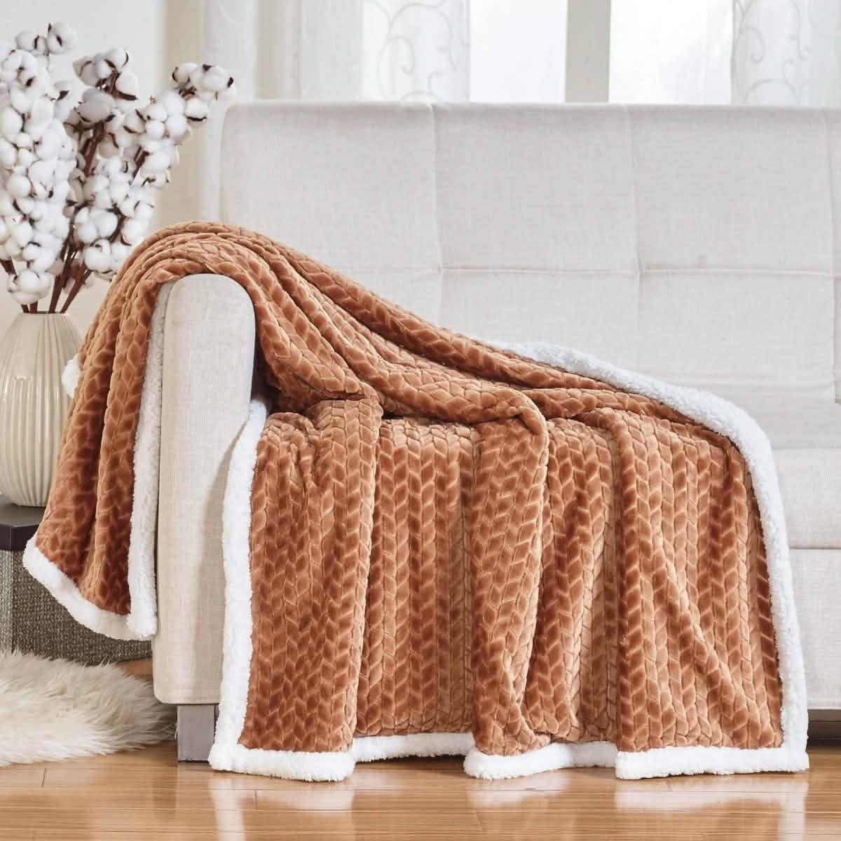 Reversible Soft Braided Sherpa Throw Blanket Linen & Bedding Mocha - DailySale