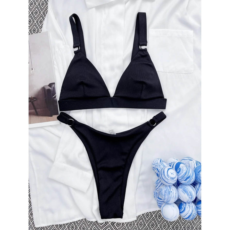 Rib Ring Linked High Cut Bikini Swimsuit Women's Lingerie Black S - DailySale