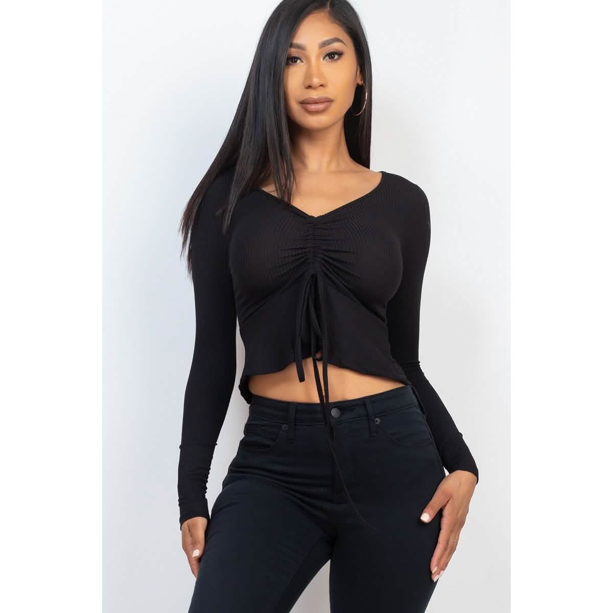 Ribbed Drawstring Front Long Sleeve Peplum Top Women's Tops Black S - DailySale