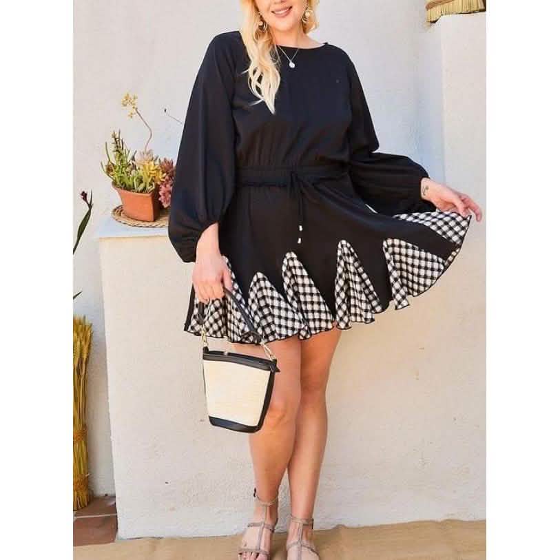 Round Neck 3/4 Bubble Sleeve Gingham Ruffle Romper Women's Dresses - DailySale