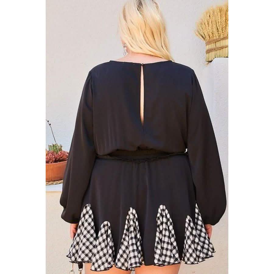 Round Neck 3/4 Bubble Sleeve Gingham Ruffle Romper Women's Dresses - DailySale