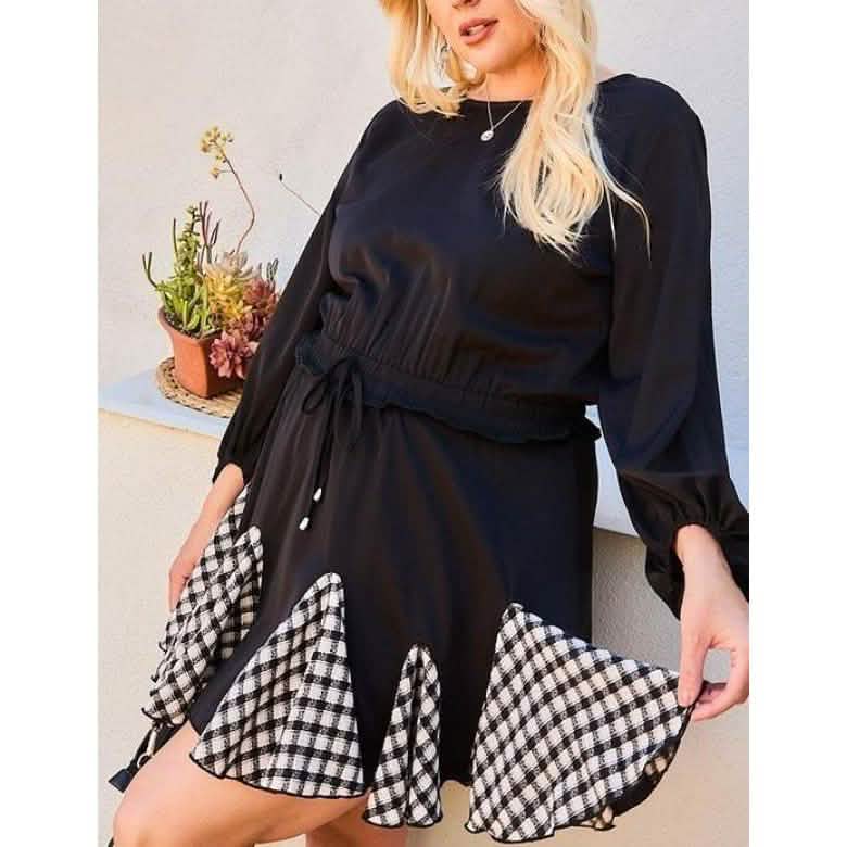 Round Neck 3/4 Bubble Sleeve Gingham Ruffle Romper Women's Dresses - DailySale