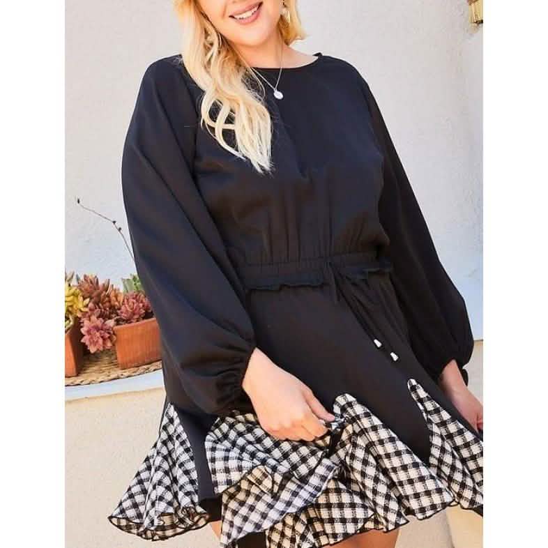 Round Neck 3/4 Bubble Sleeve Gingham Ruffle Romper Women's Dresses - DailySale