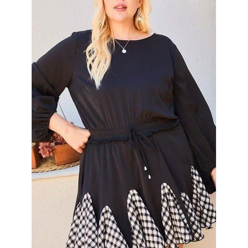 Round Neck 3/4 Bubble Sleeve Gingham Ruffle Romper Women's Dresses S - DailySale