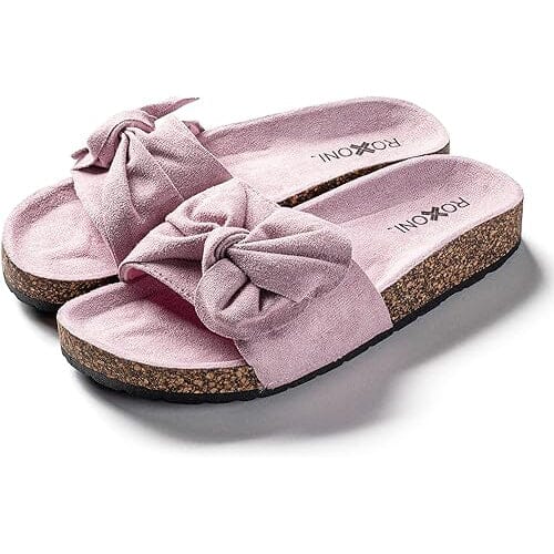 Roxoni Women Comfort Sandals Ribbon Bow Top EVA Flat Slides Footbed Suede with Arch Support Non-Slip
