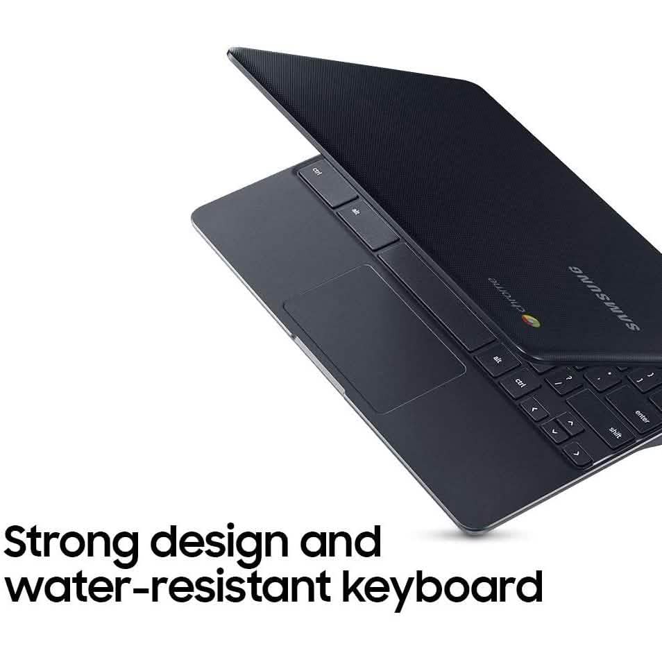 View of a partially opened Samsung 11.6" Chromebook XE500C13 Series 3 2GB 16GB (Refurbished) over a white background