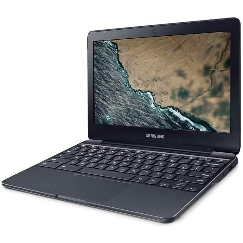 3/4 angle view of a Samsung 11.6" Chromebook XE500C13 Series 3 2GB 16GB (Refurbished) over a white background