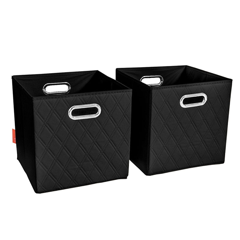 Set of 2: 11-13" Foldable Diamond Patterned Faux Leather Storage Cube Bins Closet & Storage Black S - DailySale