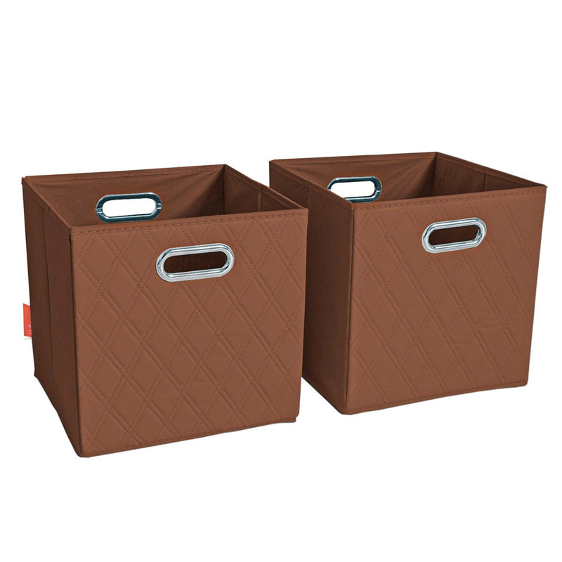 Set of 2: 11-13" Foldable Diamond Patterned Faux Leather Storage Cube Bins Closet & Storage Brown S - DailySale