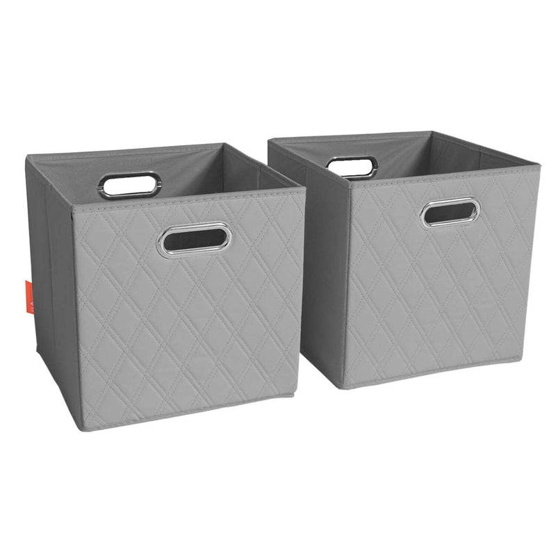 Set of 2: 11-13" Foldable Diamond Patterned Faux Leather Storage Cube Bins Closet & Storage Gray S - DailySale