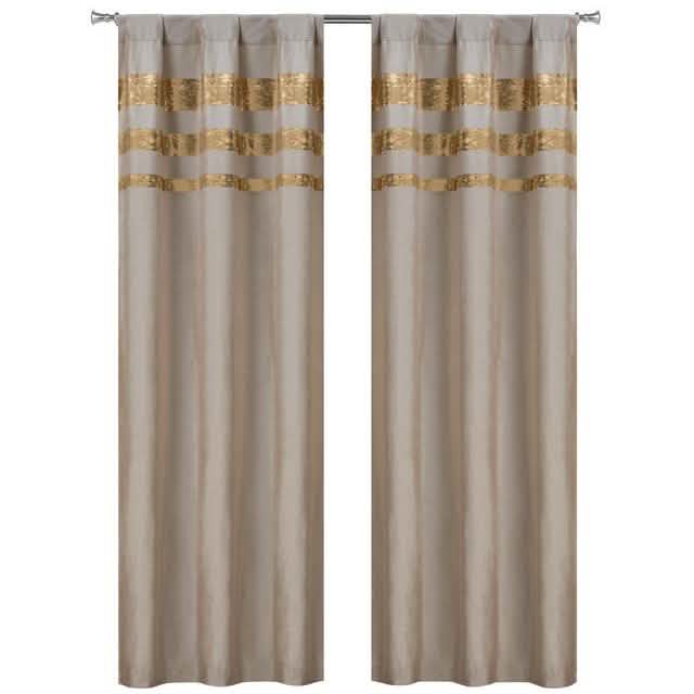 Set of 2: Velvet Metallic Stripe Border Blackout Window Curtain Pair Panel Furniture & Decor Gold - DailySale