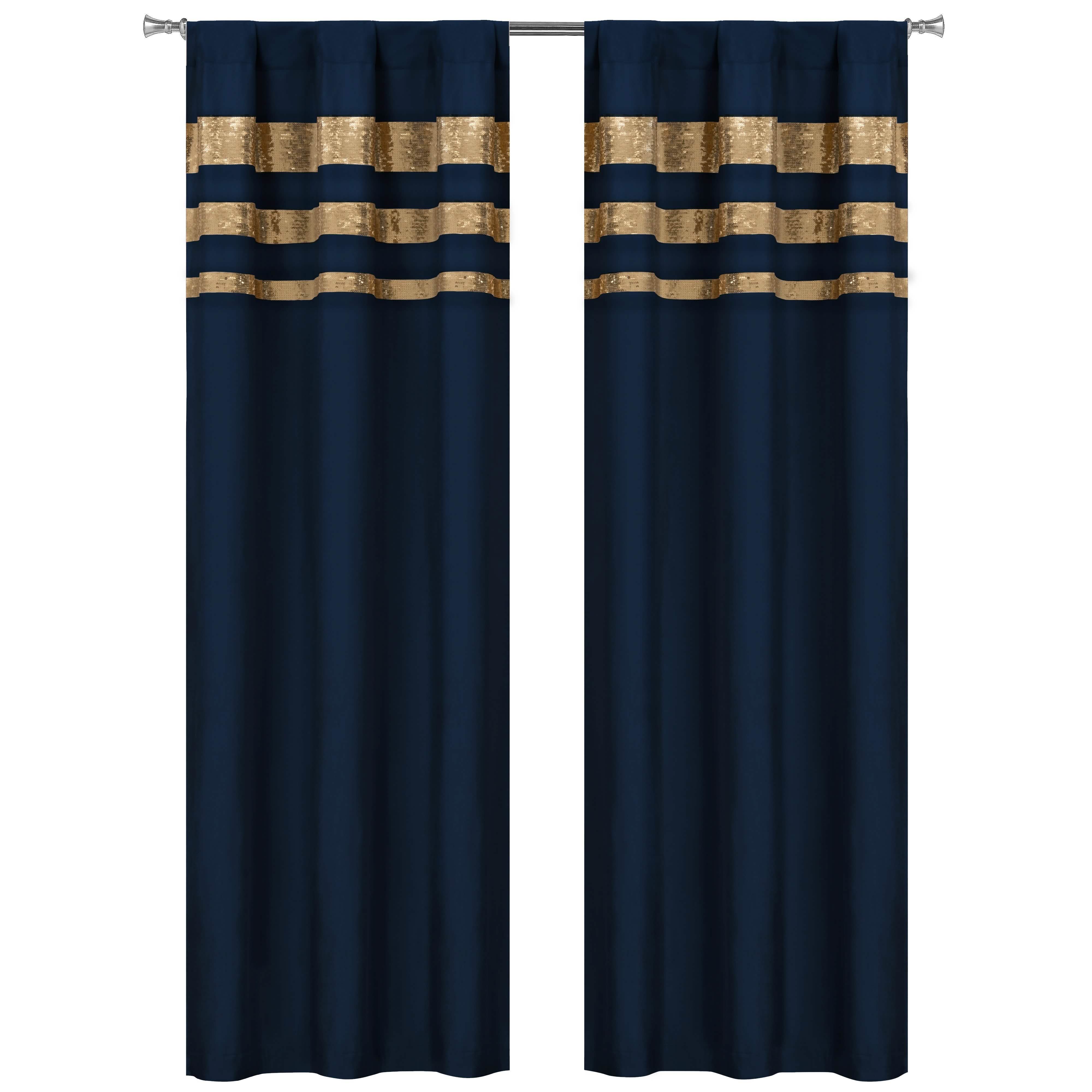 Set of 2: Velvet Metallic Stripe Border Blackout Window Curtain Pair Panel Furniture & Decor Navy - DailySale