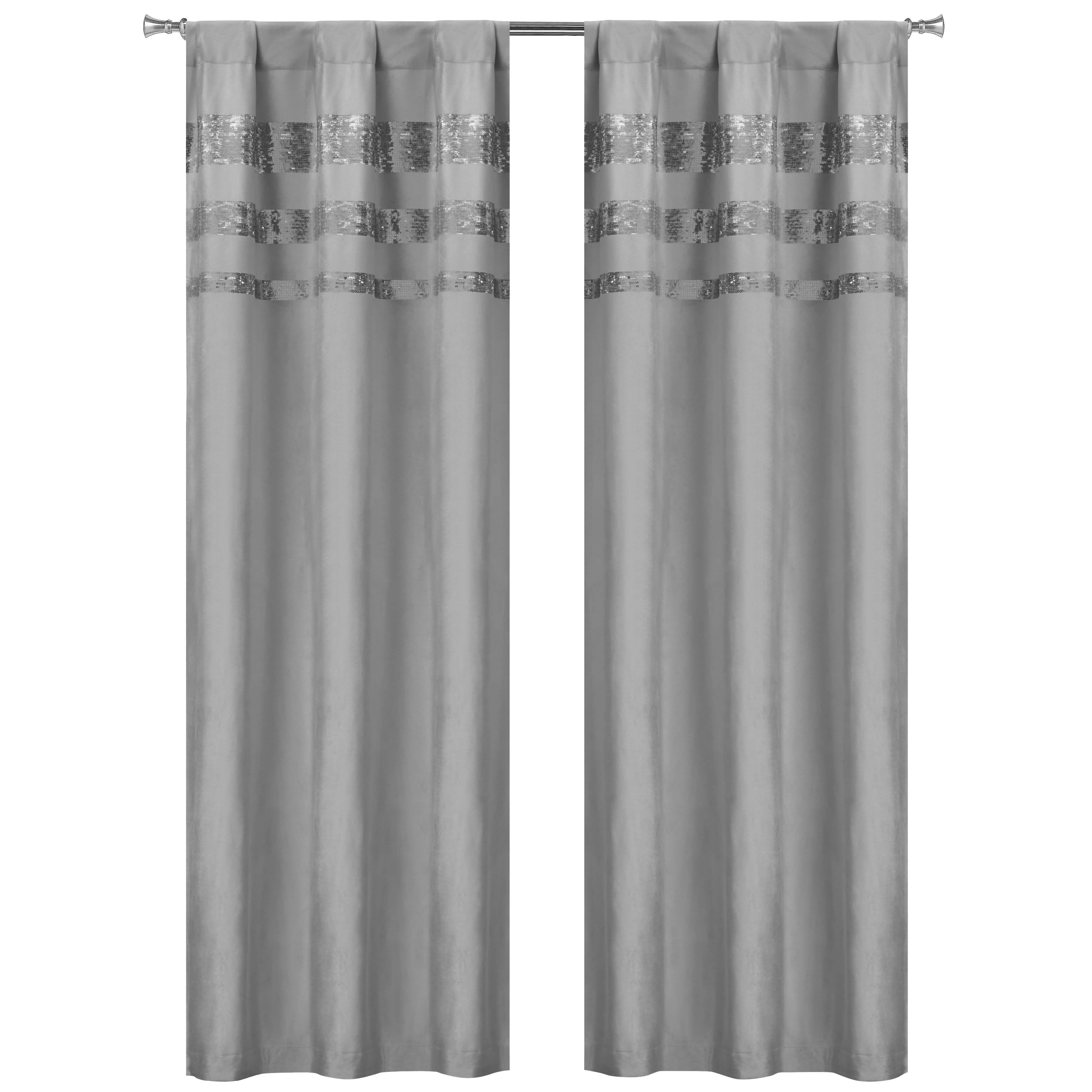 Set of 2: Velvet Metallic Stripe Border Blackout Window Curtain Pair Panel Furniture & Decor Silver - DailySale