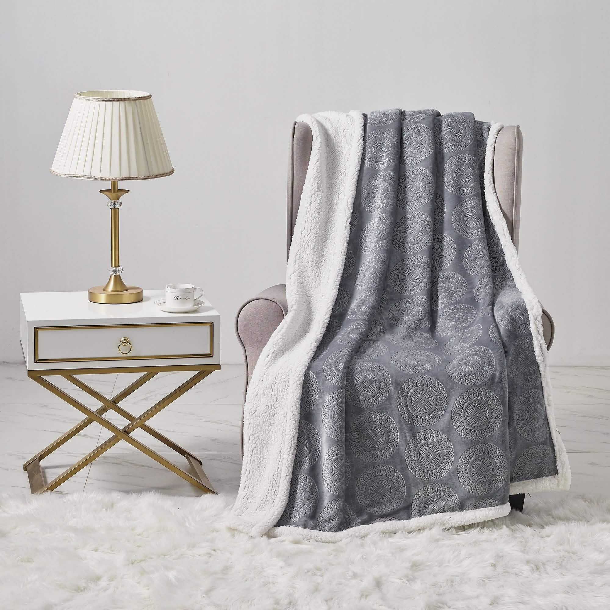 Sheradian Embossed Print Fleece/Caesar Sherpa Reversible Throw Blanket Bedding Gray - DailySale