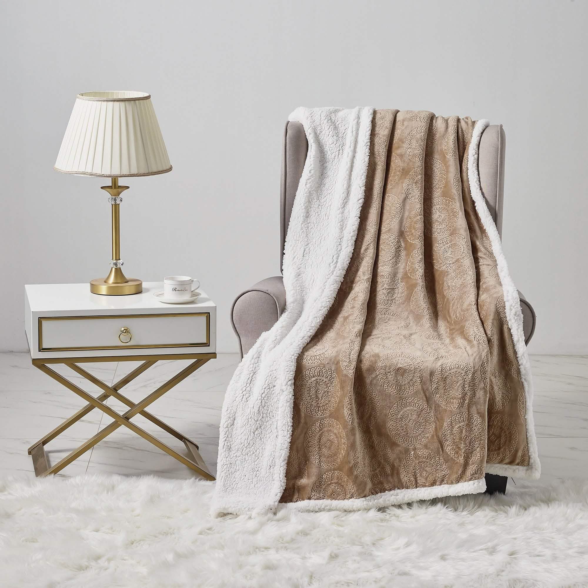 Sheradian Embossed Print Fleece/Caesar Sherpa Reversible Throw Blanket Bedding Taupe - DailySale