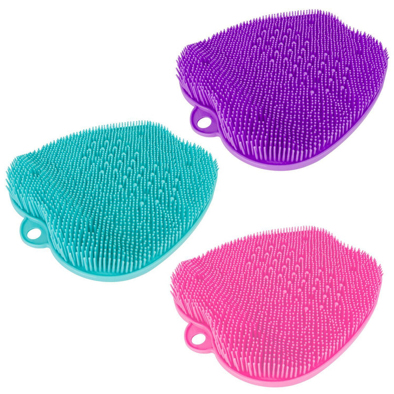 Examples of three Shower Foot Scrubber Mat in aqua, purple, and pink