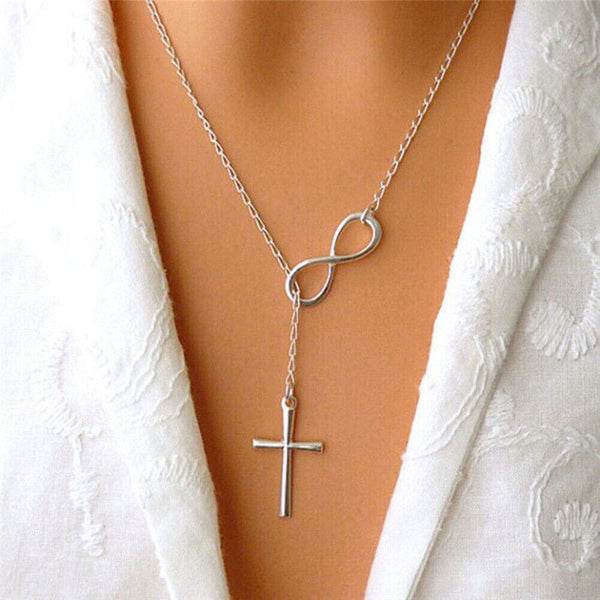 Silver Filled High Polish Finish Infinity Drop Cross Lariat Necklace Necklaces - DailySale