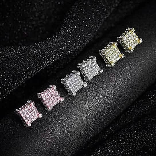 Silver Micro Pave Stud Earrings Clear Square 3D Sidestones Earrings - DailySale