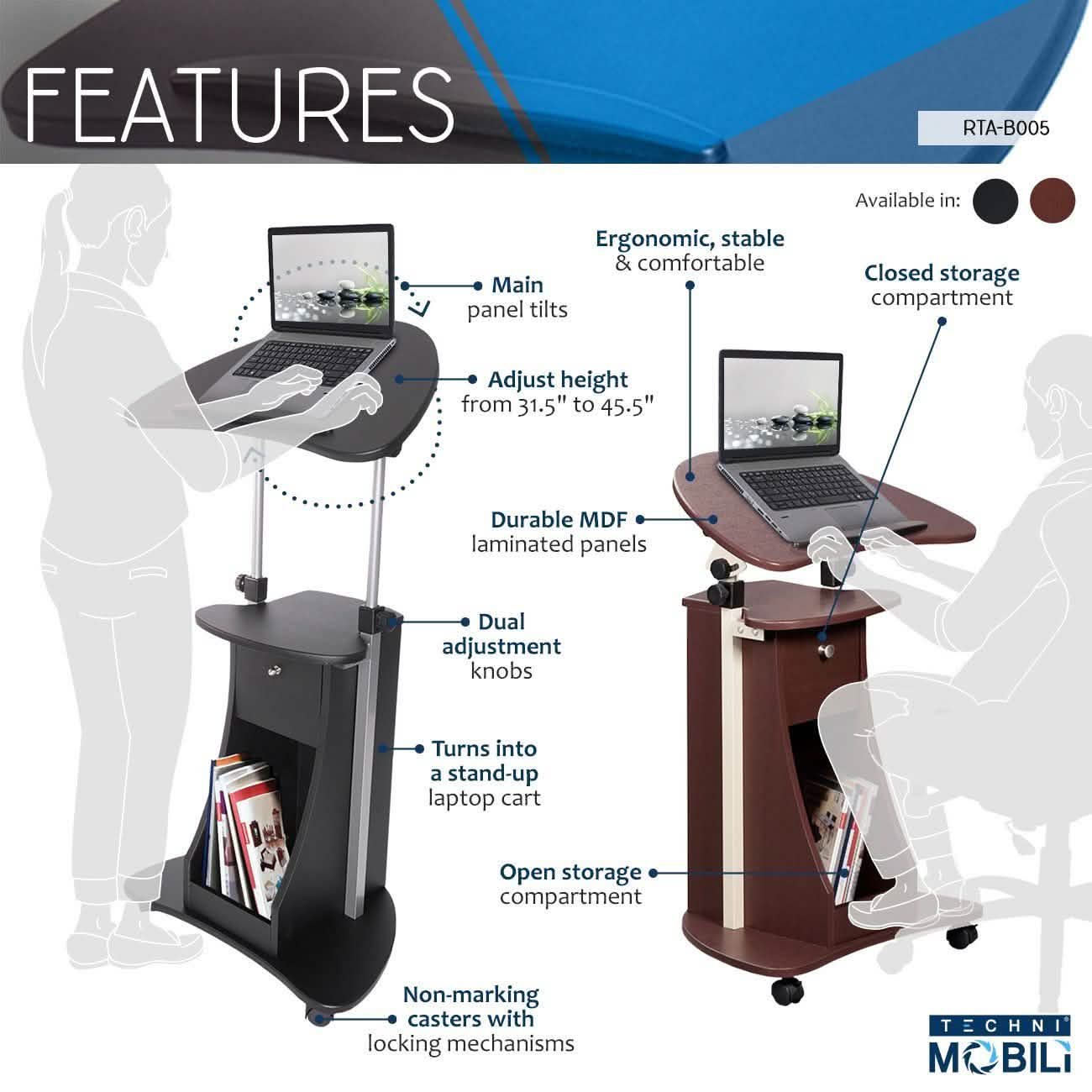 Sit-to-Stand Rolling Adjustable Laptop Cart with Storage Everything Else - DailySale