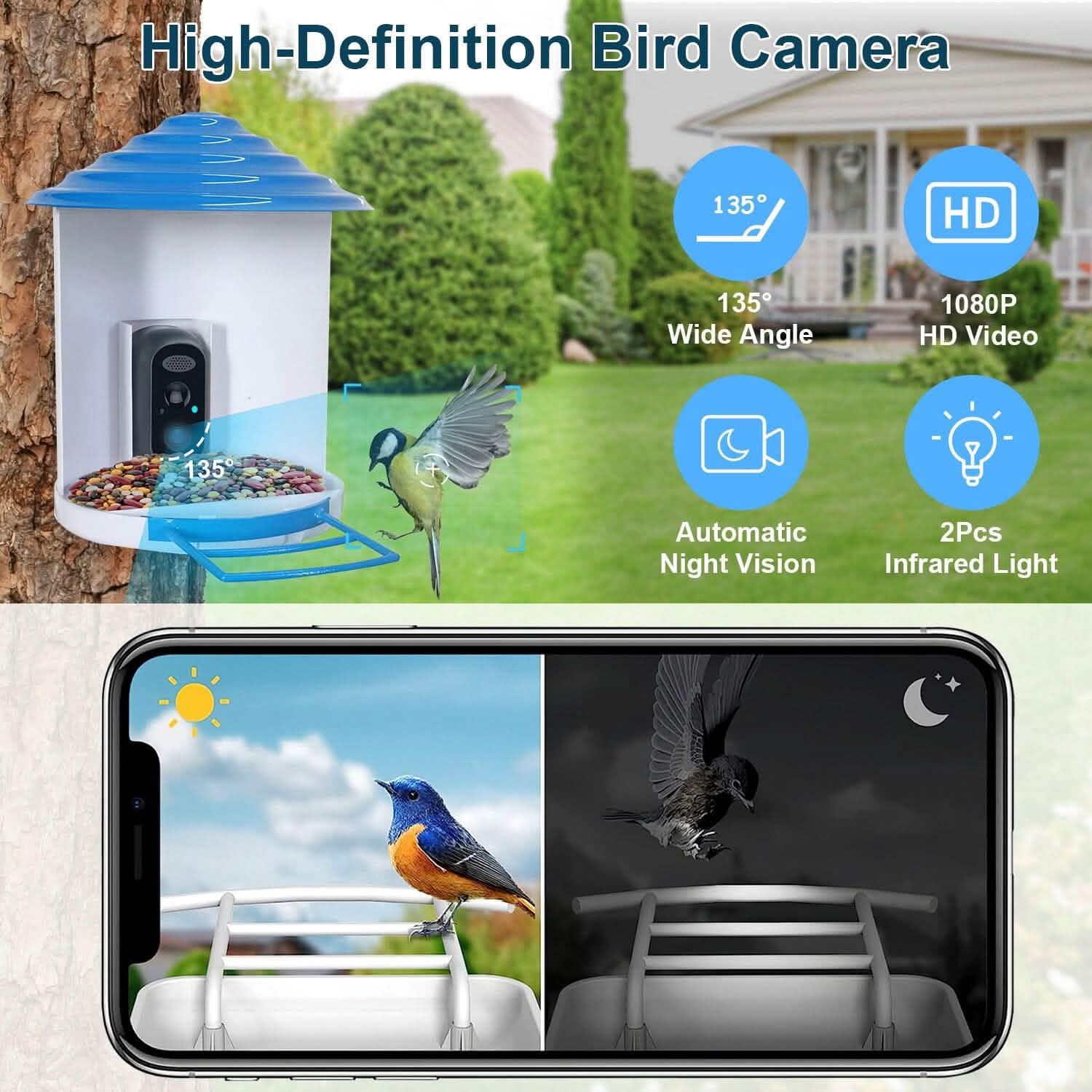 Smart Bird Feeder with Solar Powered Camera 1080P HD AI Identify PIR Pet Supplies - DailySale