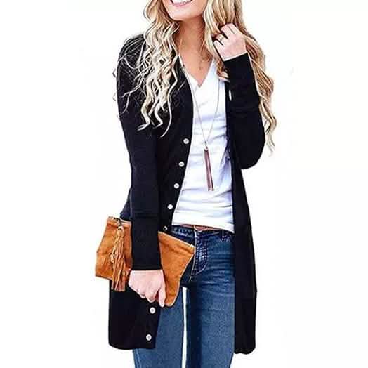 Snap Button Long Cardigan Women's Clothing Black S - DailySale