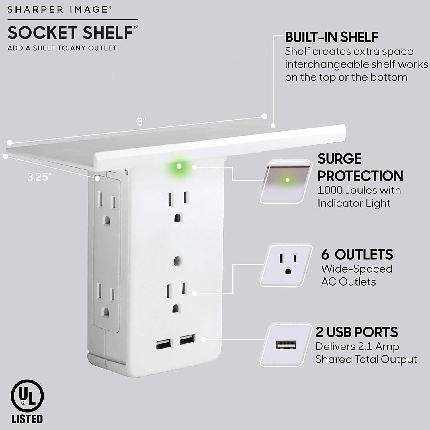 Socket Shelf- 8 Port Surge Protector Wall Outlet, 6 Electrical Outlet Extenders, 2 USB Charging Ports Household Batteries & Electrical - DailySale