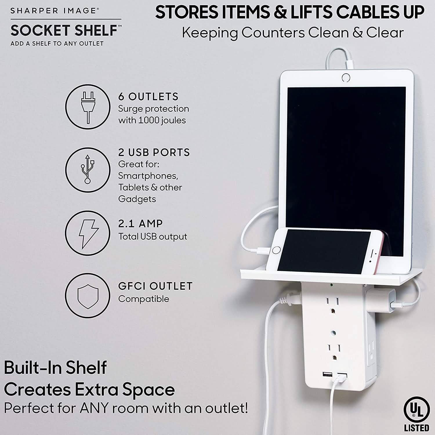 Socket Shelf- 8 Port Surge Protector Wall Outlet, 6 Electrical Outlet Extenders, 2 USB Charging Ports Household Batteries & Electrical - DailySale