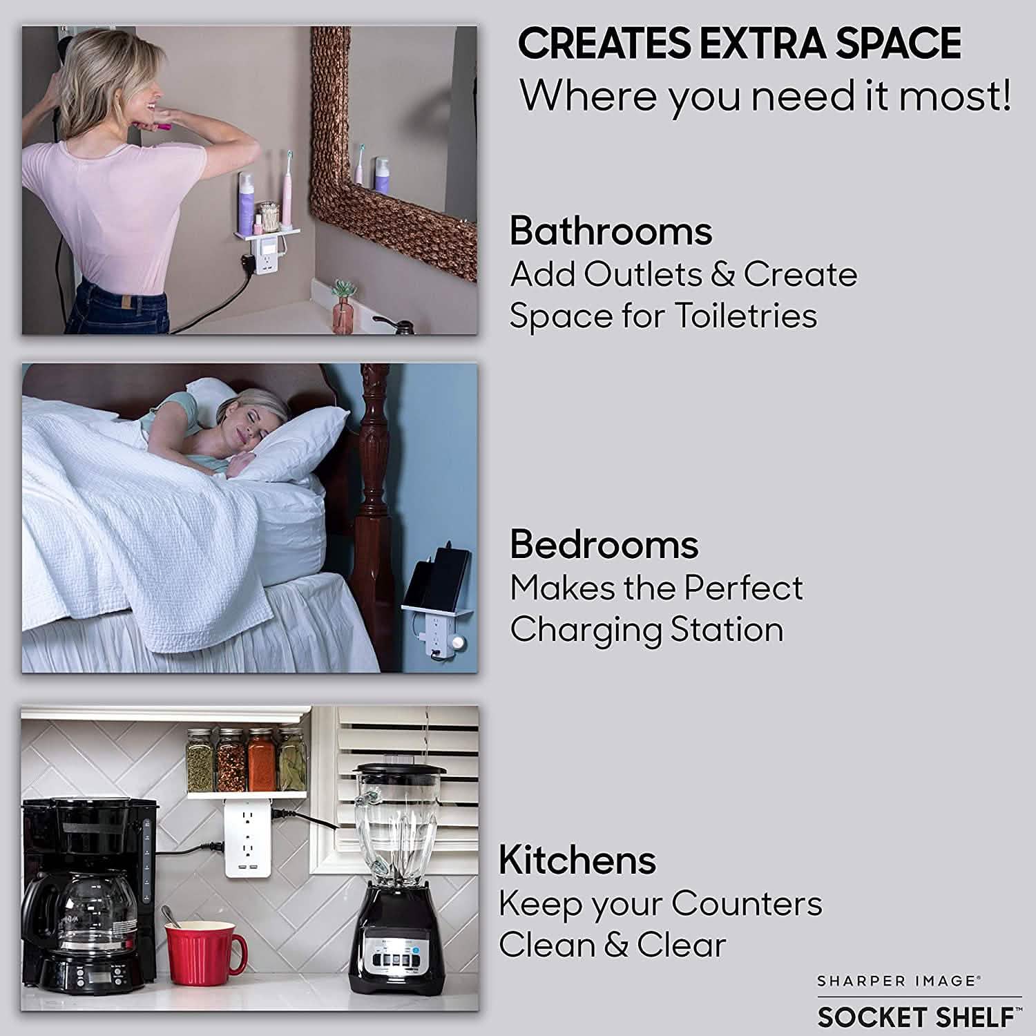 Socket Shelf- 8 Port Surge Protector Wall Outlet, 6 Electrical Outlet Extenders, 2 USB Charging Ports Household Batteries & Electrical - DailySale