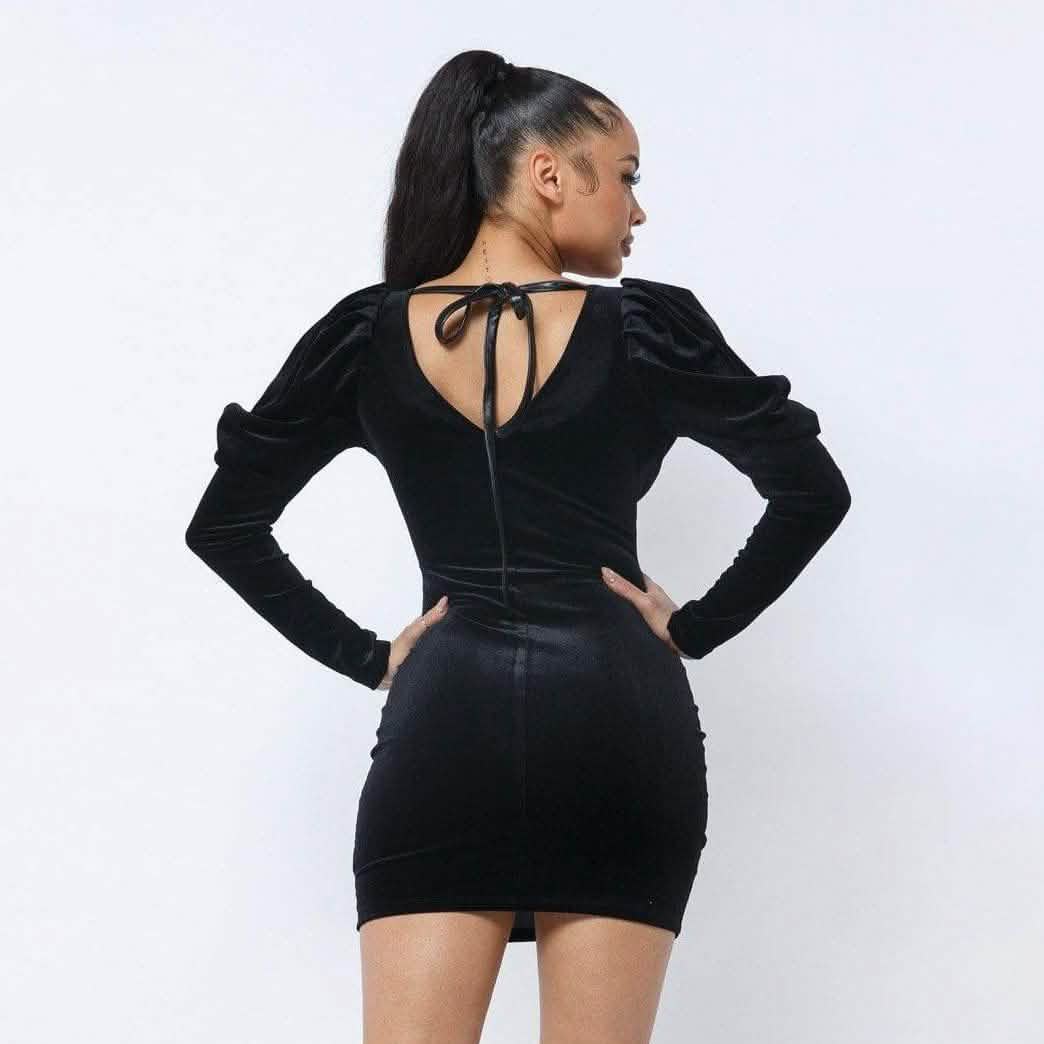 Soft Velvet Pleated Puff Sleeve Mini Dress Women's Dresses - DailySale