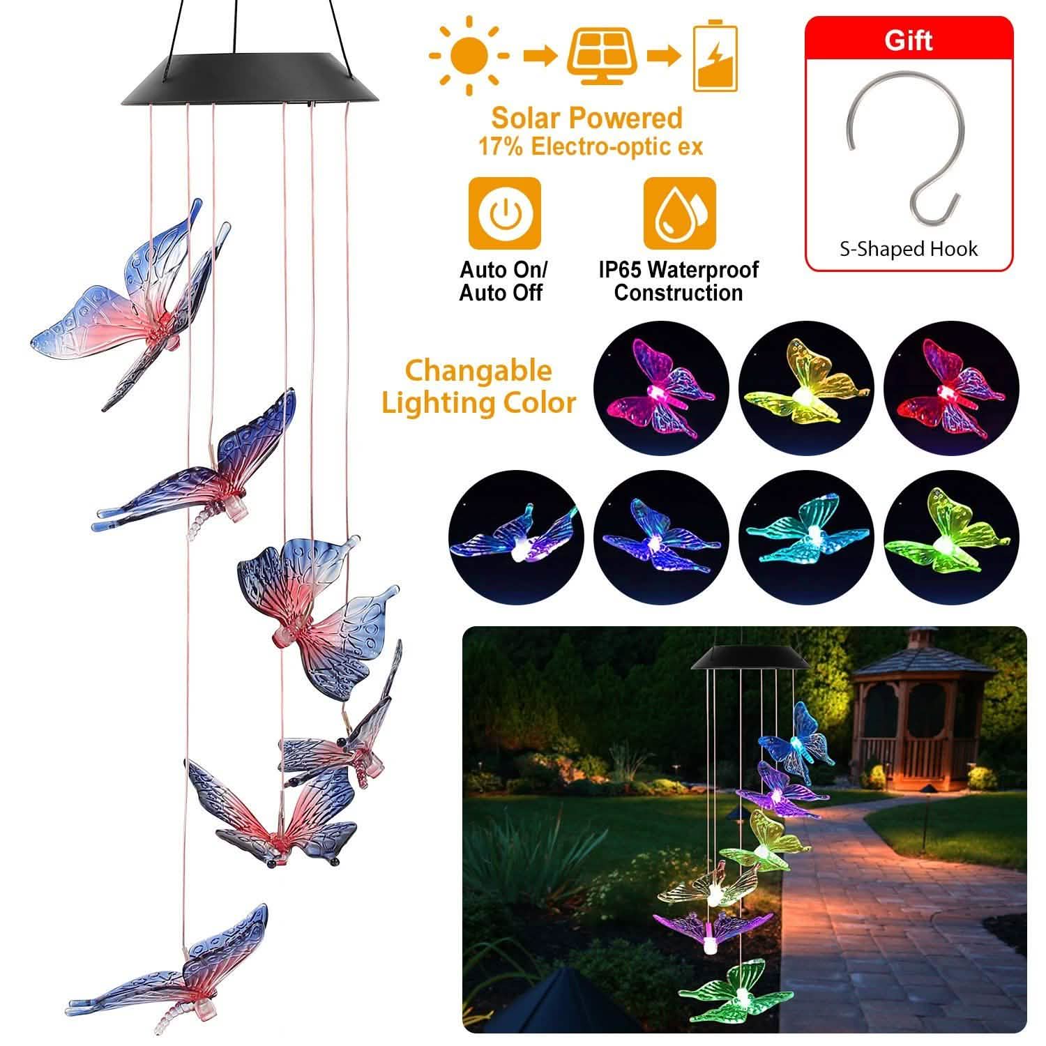 Solar LED Butterfly Wind Chimes Garden & Patio - DailySale