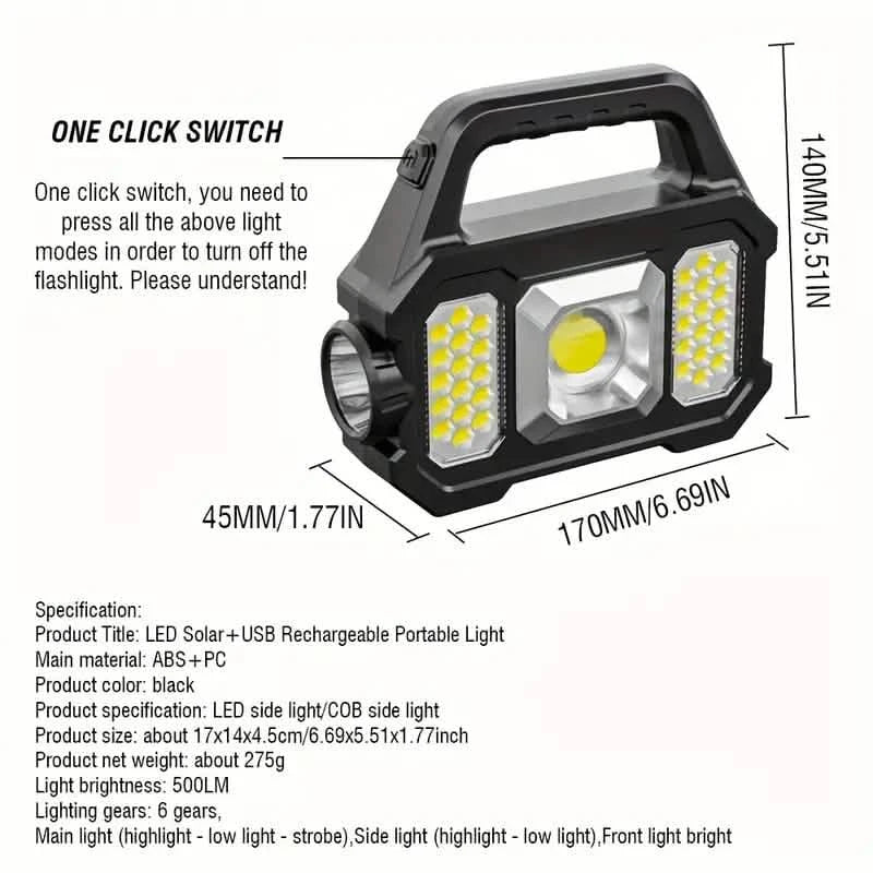Solar Portable Flashlight & Handheld Searchlight with Side Lights Sports & Outdoors - DailySale
