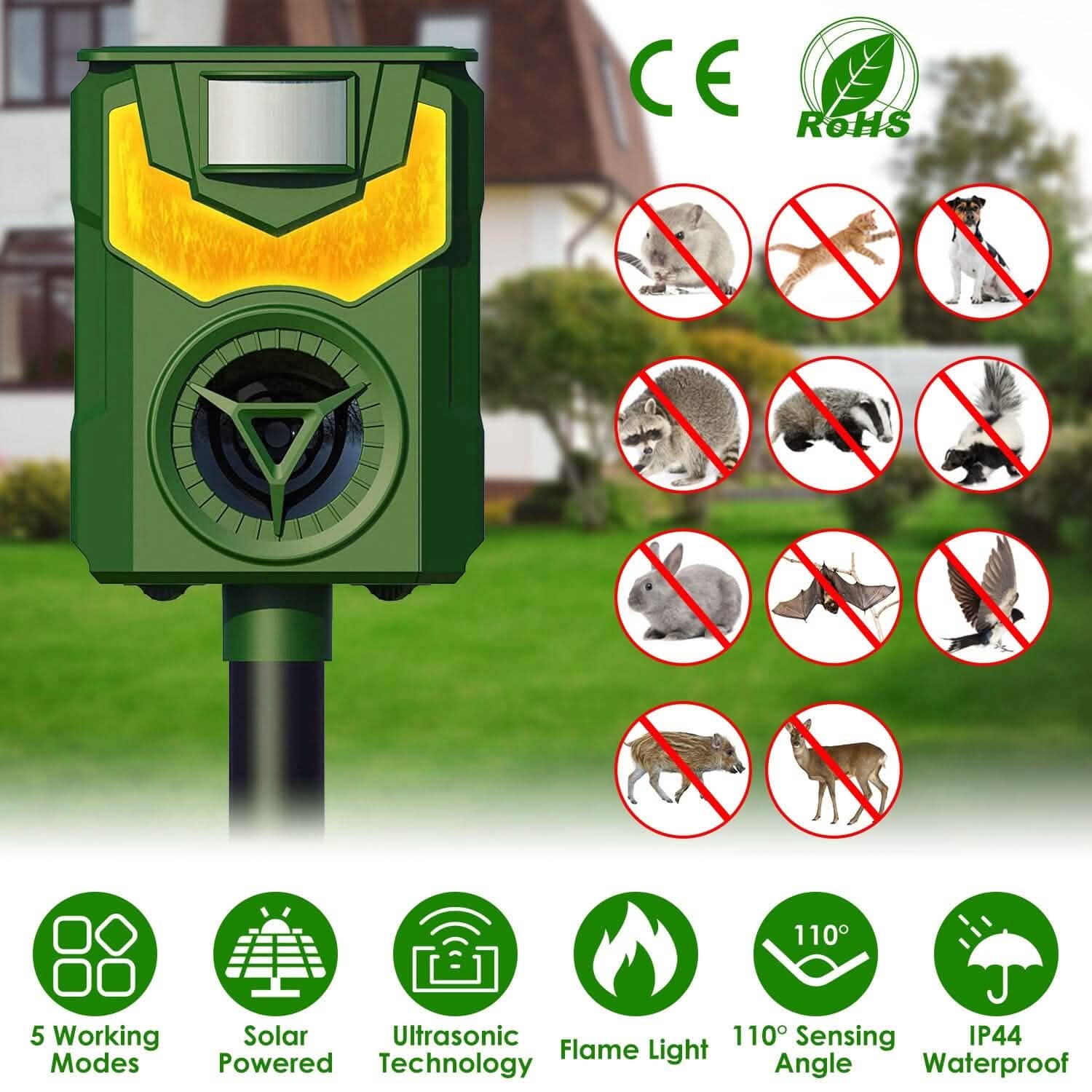 Solar Ultrasonic Animal Repeller with Flame Light USB Charge Motion Sensor Pest Control - DailySale