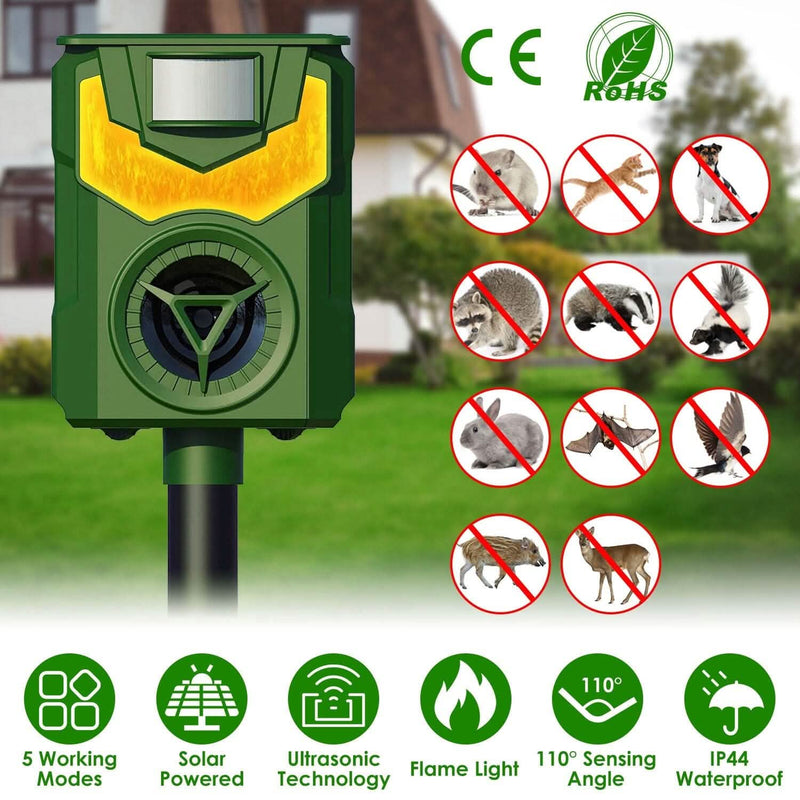 Solar Ultrasonic Animal Repeller with Flame Light USB Charge Motion Sensor Pest Control - DailySale