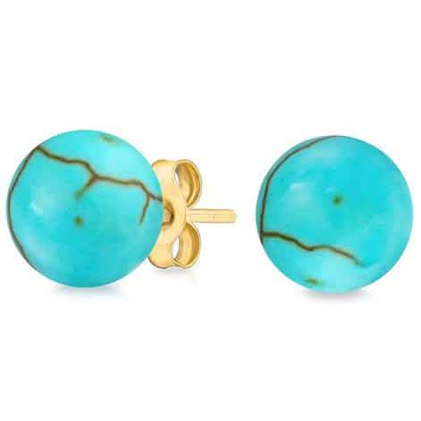 Solid 14K Gold Genuine Turquoise Ball Studs Earrings Earrings - DailySale
