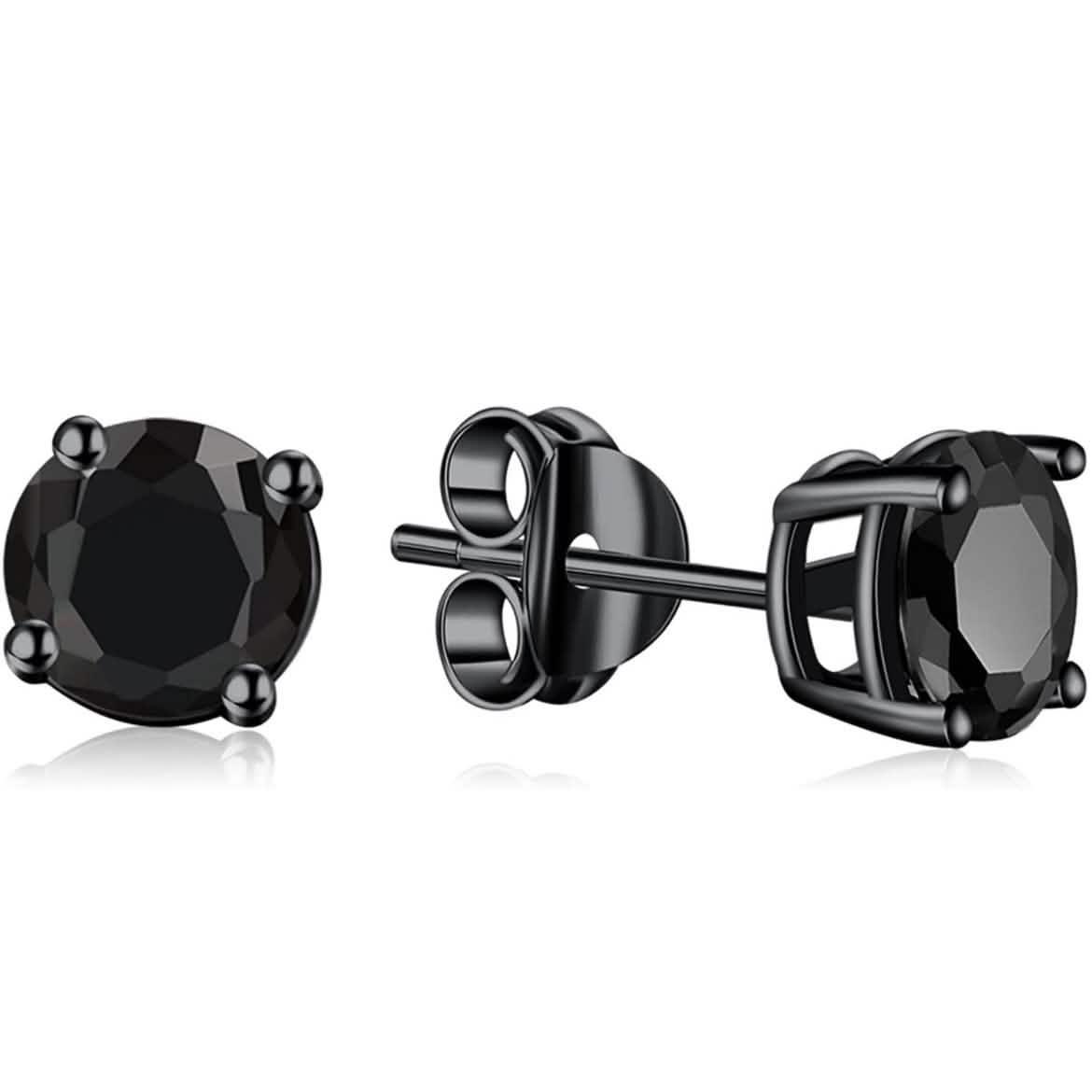 Solid Sterling Silver Black CZ Studs Earrings Round - DailySale